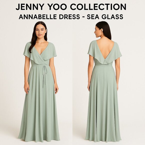 Jenny Yoo Annabelle Sea Glass Convertible Flutter Sleeve Chiffon Maxi Dress Sz14 - Picture 1 of 12